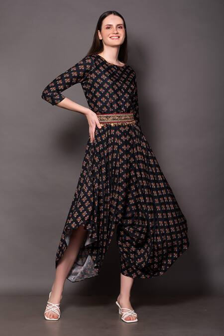 Buy_Vara By Vibha N Priti_Blue Silk Sequins, Zari, Cut Work Round Neck Floral Geometric Print Jumpsuit _Online_at_Aza_Fashions