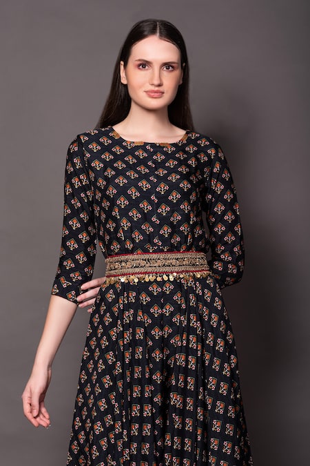 Shop_Vara By Vibha N Priti_Blue Silk Sequins, Zari, Cut Work Round Neck Floral Geometric Print Jumpsuit _Online_at_Aza_Fashions