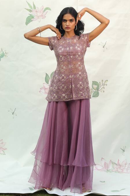 Taavare_Purple Organza Round Embroidered Kurta And Palazzo Set_Online_at_Aza_Fashions