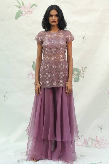 Buy_Taavare_Purple Organza Round Embroidered Kurta And Palazzo Set_Online_at_Aza_Fashions