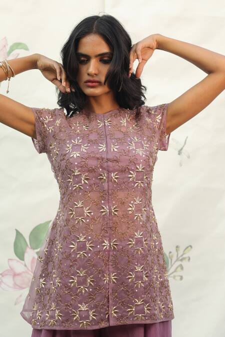 Shop_Taavare_Purple Organza Round Embroidered Kurta And Palazzo Set_Online_at_Aza_Fashions