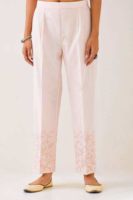 Buy_Anantaa By Roohi_Pink Cotton Embroidery Flower Vine Hem Palazzo _Online_at_Aza_Fashions