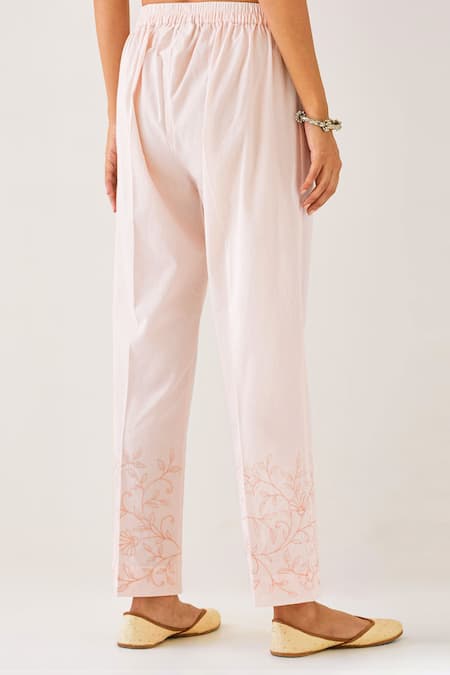 Shop_Anantaa By Roohi_Pink Cotton Embroidery Flower Vine Hem Palazzo _Online_at_Aza_Fashions