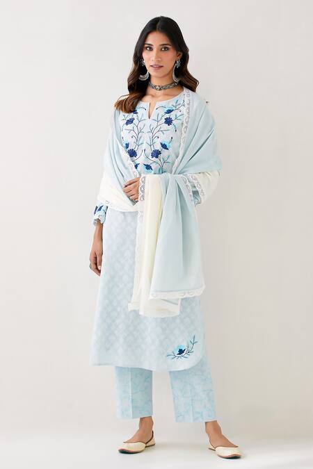 Buy_Anantaa by Roohi_Blue Embroidered Lace Scallop Cotton Two Tone Dupatta _Online_at_Aza_Fashions
