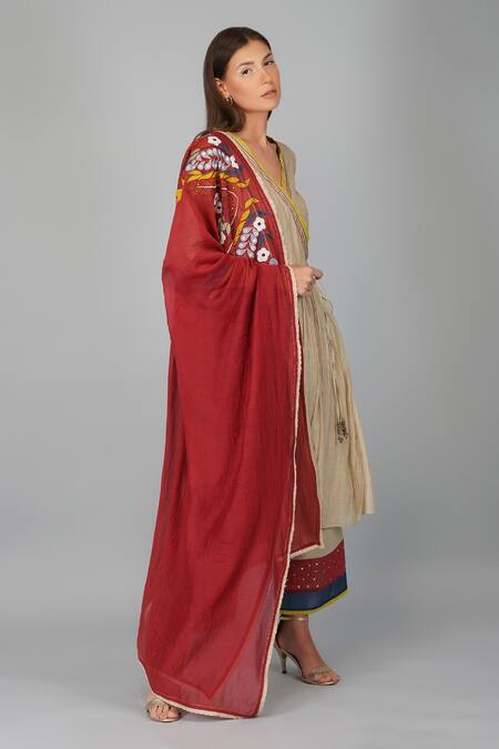 Devyani Mehrotra_Beige Chanderi 40grm Applique Floral Pattern V Neck Angarkha Set_Online_at_Aza_Fashions