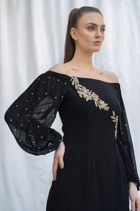 Shop Amrta By Guneet Kondal Black Viscose, Georgette Embroidery, Beads Off-shoulder Floral Off Dress Online at Aza Fashions Shop_Amrta By Guneet Kondal_Black Viscose, Georgette Embroidery, Beads Off-shoulder Floral Off Dress _Online_at_Aza_Fashions