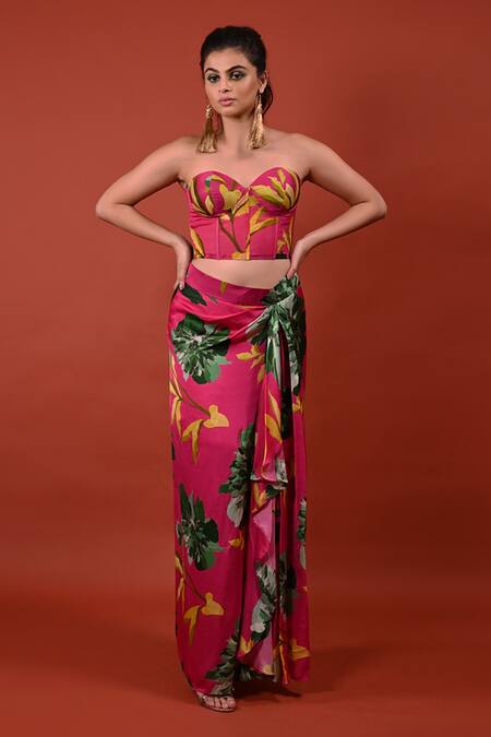 Rimi Nayak Pink Modal, Satin Chrysanthemum Floral Print Draped Skirt at Aza Fashions Rimi Nayak_Pink Modal, Satin Chrysanthemum Floral Print Draped Skirt _at_Aza_Fashions