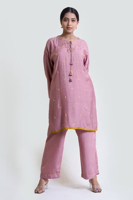 Brij Purple Silk Pearls, Embroidery Round Neck Box Fit Thread Work Tunic And Pant Set Online at Aza Fashions Brij_Purple Silk Pearls, Embroidery Round Neck Box Fit Thread Work Tunic And Pant Set _Online_at_Aza_Fashions