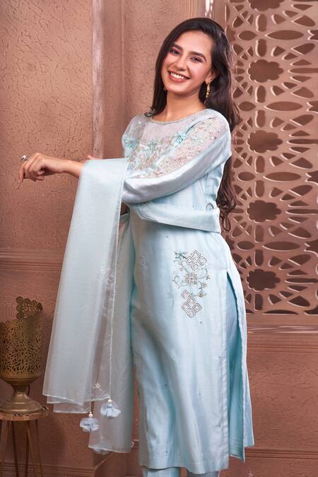 Geetika Jain Blue Chanderi, Organza Embroidery, Pearls, Sequins Aqua Dabka Hand Kurta Set Online at Aza Fashions Geetika Jain_Blue Chanderi, Organza Embroidery, Pearls, Sequins Aqua Dabka Hand Kurta Set_Online_at_Aza_Fashions