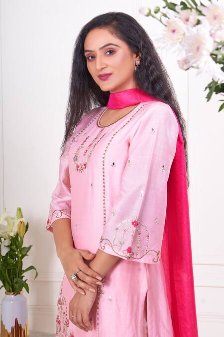 Geetika Jain_Pink Chanderi, Viscose, Organza Embroidery, Mirrors Round Hand Kurta Pant Set _Online_at_Aza_Fashions