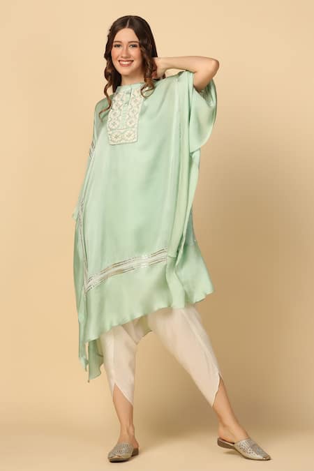 Shop_Two Sisters By Gyans_Green Satin Embroidery, Beads, Gota Patti Bandeau Yoke Kaftan And Tulip Pant Set _Online_at_Aza_Fashions