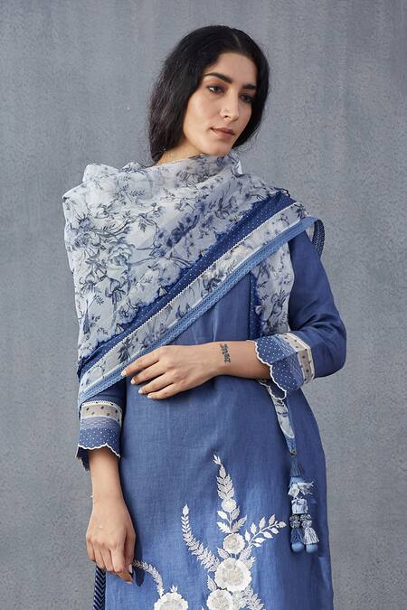 Buy Blue Silk Organza Floral Printed Scarf by Torani Online at Aza