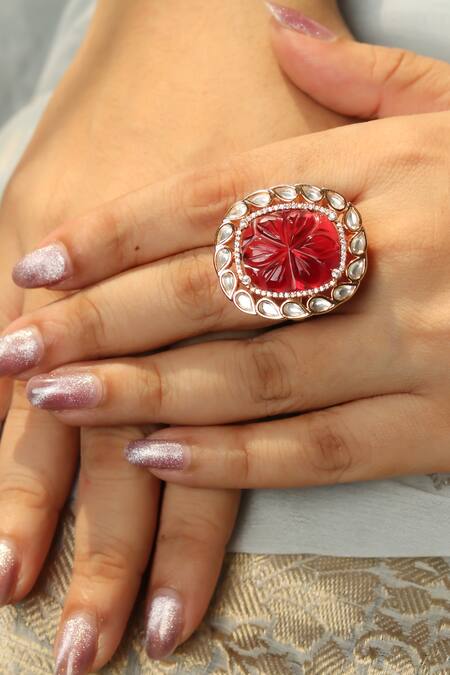 Ishhaara_Red Diamonds, Cut Work Ruby Stone Embellished Ring_Online_at_Aza_Fashions