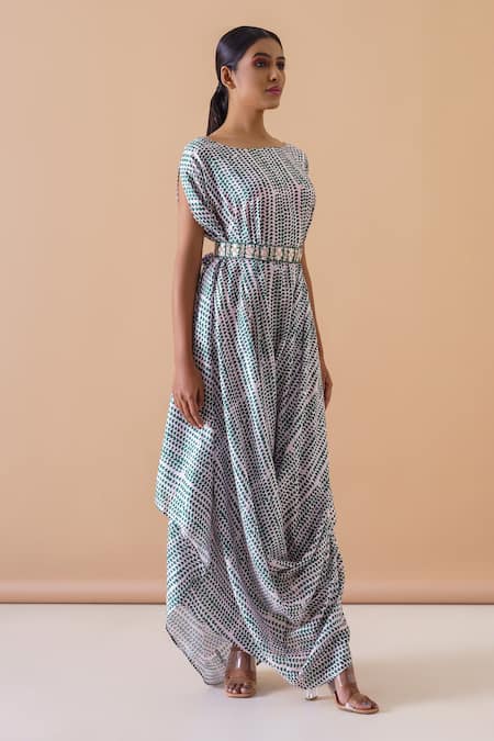 17:17 By Simmi Saboo_Peach Muslin Silk Triangle Boat Neck Print Cowl Gown_Online_at_Aza_Fashions