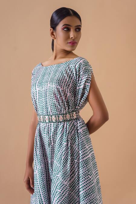 Buy_17:17 By Simmi Saboo_Peach Muslin Silk Triangle Boat Neck Print Cowl Gown_Online_at_Aza_Fashions