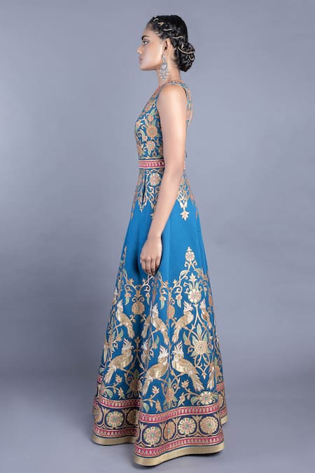 Abhishek Gupta Blue Cotton Satin Lining Shantoon Embroidered Flared Gown Online at Aza Fashions Abhishek Gupta_Blue Cotton Satin Lining Shantoon Embroidered Flared Gown _Online_at_Aza_Fashions