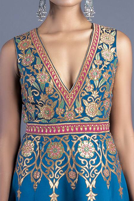 Buy Abhishek Gupta Blue Cotton Satin Lining Shantoon Embroidered Flared Gown Online at Aza Fashions Buy_Abhishek Gupta_Blue Cotton Satin Lining Shantoon Embroidered Flared Gown _Online_at_Aza_Fashions