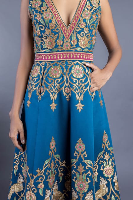 Shop Abhishek Gupta Blue Cotton Satin Lining Shantoon Embroidered Flared Gown Online at Aza Fashions Shop_Abhishek Gupta_Blue Cotton Satin Lining Shantoon Embroidered Flared Gown _Online_at_Aza_Fashions