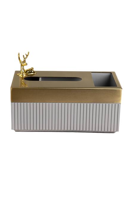 H2h_Grey Polyresin And Metal Deer Tissue Box_Online_at_Aza_Fashions