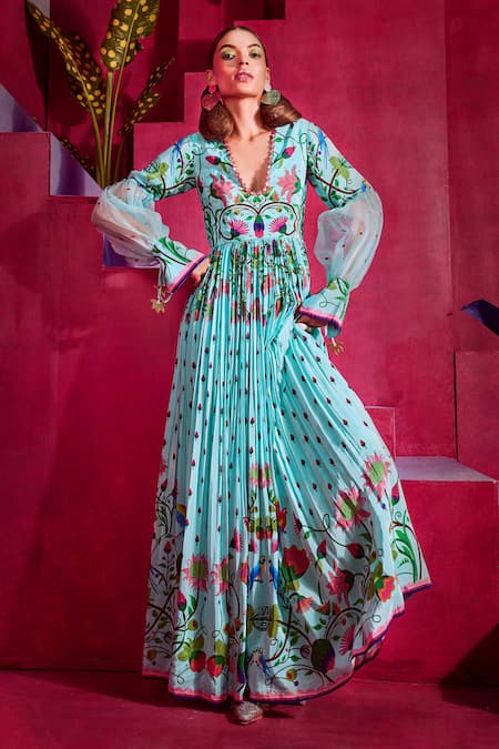 Limerick By Abirr N' Nanki Blue Crepe And Organza Floral Print V Neck Mara Gown