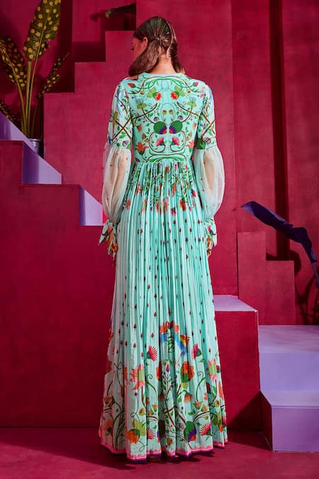 Shop Limerick By Abirr N' Nanki Blue Crepe And Organza Floral Print V Neck Mara Gown at Aza Fashions Shop_Limerick By Abirr N' Nanki_Blue Crepe And Organza Floral Print V Neck Mara Gown _at_Aza_Fashions