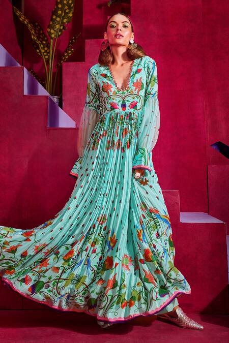 Limerick By Abirr N' Nanki Blue Crepe And Organza Floral Print V Neck Mara Gown Online at Aza Fashions Limerick By Abirr N' Nanki_Blue Crepe And Organza Floral Print V Neck Mara Gown _Online_at_Aza_Fashions