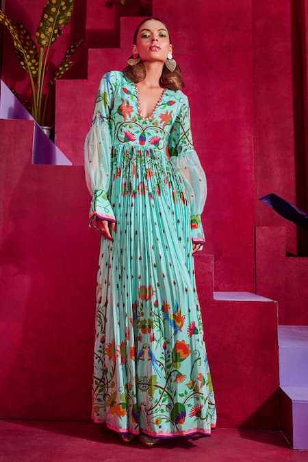 Buy Limerick By Abirr N' Nanki Blue Crepe And Organza Floral Print V Neck Mara Gown Online at Aza Fashions Buy_Limerick By Abirr N' Nanki_Blue Crepe And Organza Floral Print V Neck Mara Gown _Online_at_Aza_Fashions