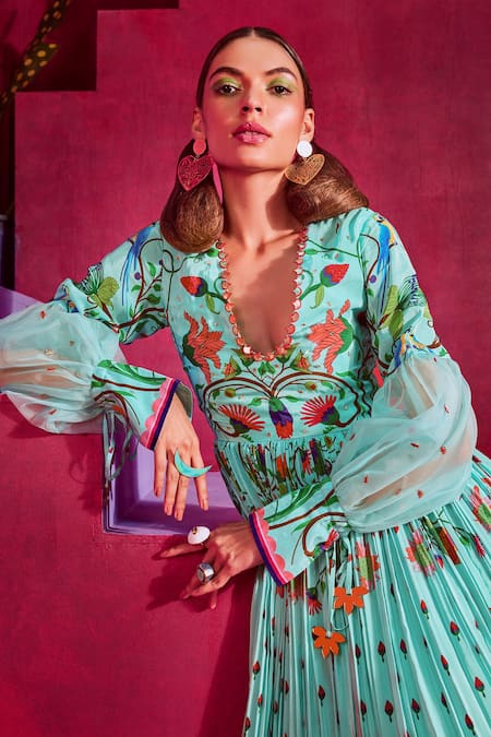 Shop Limerick By Abirr N' Nanki Blue Crepe And Organza Floral Print V Neck Mara Gown Online at Aza Fashions Shop_Limerick By Abirr N' Nanki_Blue Crepe And Organza Floral Print V Neck Mara Gown _Online_at_Aza_Fashions