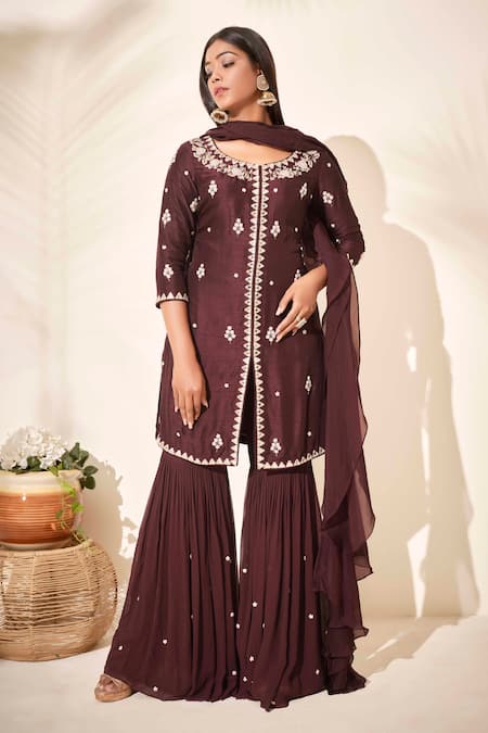 Suruchi Parakh Brown Georgette, Tussar Silk, Soft Organza Floral, Embroidered Kurta Sharara Set