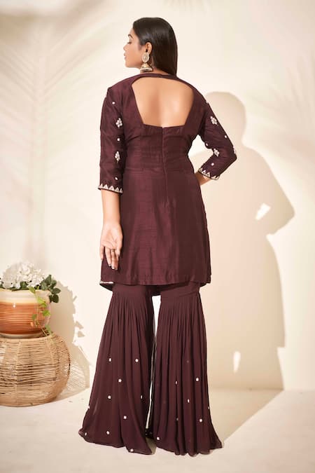 Shop Suruchi Parakh Brown Georgette, Tussar Silk, Soft Organza Floral, Embroidered Kurta Sharara Set at Aza Fashions Shop_Suruchi Parakh_Brown Georgette, Tussar Silk, Soft Organza Floral, Embroidered Kurta Sharara Set _at_Aza_Fashions