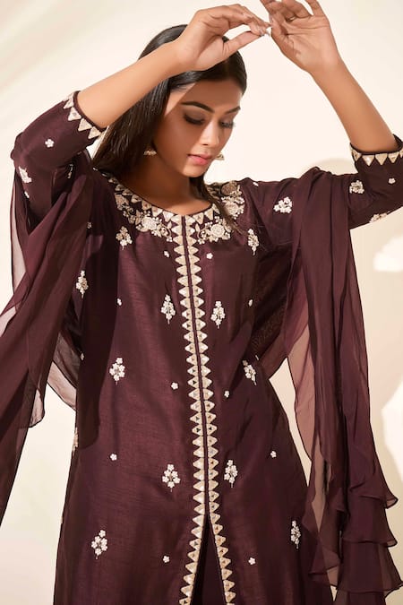 Suruchi Parakh Brown Georgette, Tussar Silk, Soft Organza Floral, Embroidered Kurta Sharara Set Online at Aza Fashions Suruchi Parakh_Brown Georgette, Tussar Silk, Soft Organza Floral, Embroidered Kurta Sharara Set _Online_at_Aza_Fashions