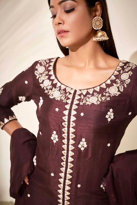Buy Suruchi Parakh Brown Georgette, Tussar Silk, Soft Organza Floral, Embroidered Kurta Sharara Set Online at Aza Fashions Buy_Suruchi Parakh_Brown Georgette, Tussar Silk, Soft Organza Floral, Embroidered Kurta Sharara Set _Online_at_Aza_Fashions