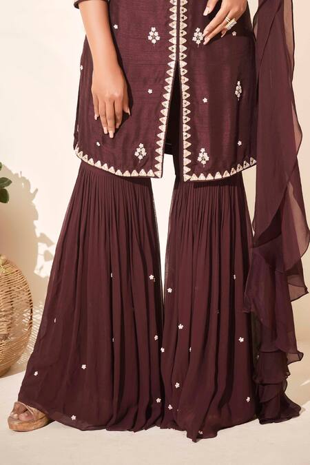 Shop Suruchi Parakh Brown Georgette, Tussar Silk, Soft Organza Floral, Embroidered Kurta Sharara Set Online at Aza Fashions Shop_Suruchi Parakh_Brown Georgette, Tussar Silk, Soft Organza Floral, Embroidered Kurta Sharara Set _Online_at_Aza_Fashions