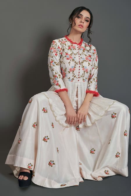 Suruchi Parakh_Off White Chanderi Silk Lining Shantoon Bead And Thread Round Tunic & Pant Set_Online_at_Aza_Fashions