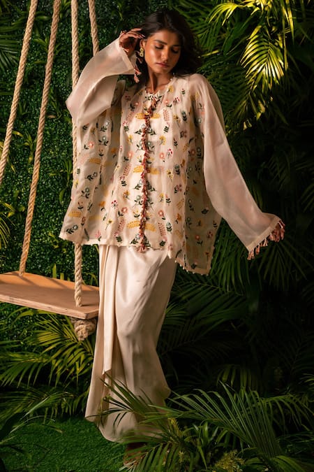 Buy_Pallavi Poddar_Ivory Organza, Satin, Lycra Garland Floral Embroidered Top And Draped Skirt Set _Online_at_Aza_Fashions