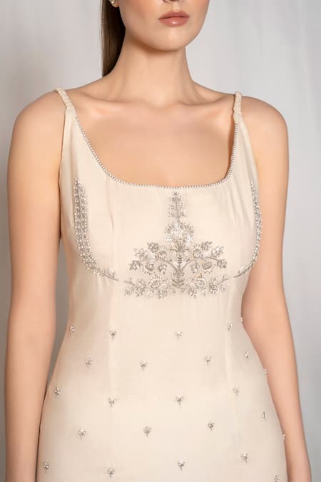 Amrta By Guneet Kondal_Off White Cotton, Silk, Viscose Pearls, Placement Floral Embroidered Dress _at_Aza_Fashions