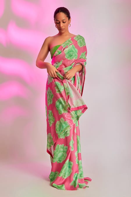 Masaba Pink Saree Sequinned Georgette And Silk Print Nurvi With Unstitched Blouse Piece