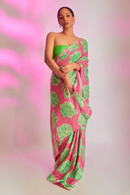 Shop_Masaba_Pink Georgette, Silk Sequins Nurvi Print Saree With Unstitched Blouse Piece_Online_at_Aza_Fashions