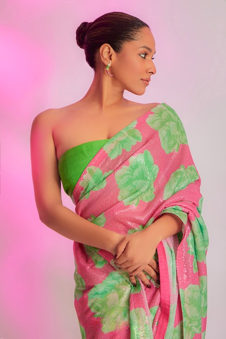 Masaba_Pink Georgette, Silk Sequins Nurvi Print Saree With Unstitched Blouse Piece_at_Aza_Fashions
