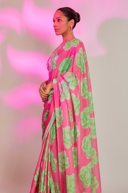 Shop_Masaba_Pink Georgette, Silk Sequins Nurvi Print Saree With Unstitched Blouse Piece