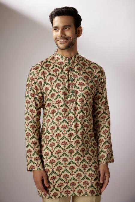 Nadima Saqib_Beige Denim Mughal Print Kurta With Pant _Online_at_Aza_Fashions