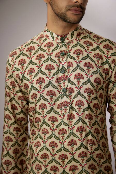 Buy_Nadima Saqib_Beige Denim Mughal Print Kurta With Pant _Online_at_Aza_Fashions