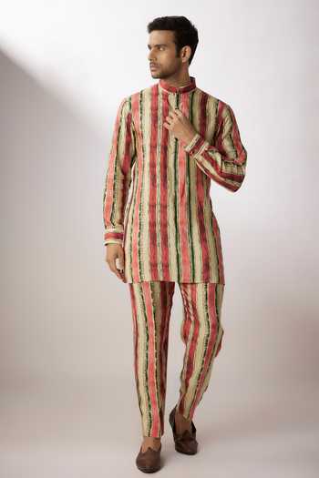 Nadima Saqib_Beige Silk, Denim Watercolor Stripe Bundi Kurta Set _Online_at_Aza_Fashions