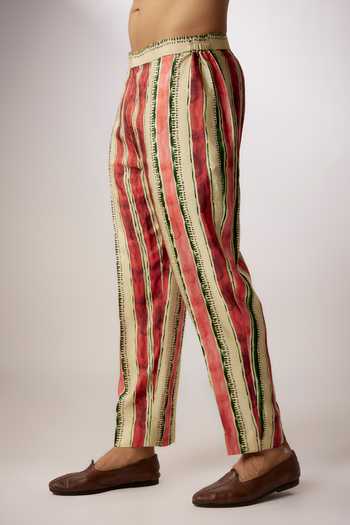 Buy_Nadima Saqib_Beige Silk, Denim Watercolor Stripe Bundi Kurta Set _Online_at_Aza_Fashions