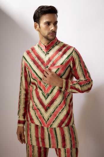 Shop_Nadima Saqib_Beige Silk, Denim Watercolor Stripe Bundi Kurta Set _Online_at_Aza_Fashions