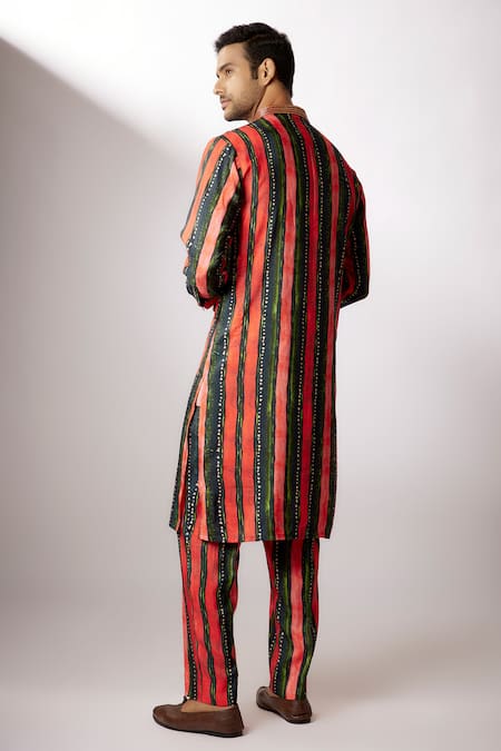 Shop Nadima Saqib Blue Silk Embroidery Stripe Print Kurta With Pant at Aza Fashions Shop_Nadima Saqib_Blue Silk Embroidery Stripe Print Kurta With Pant _at_Aza_Fashions