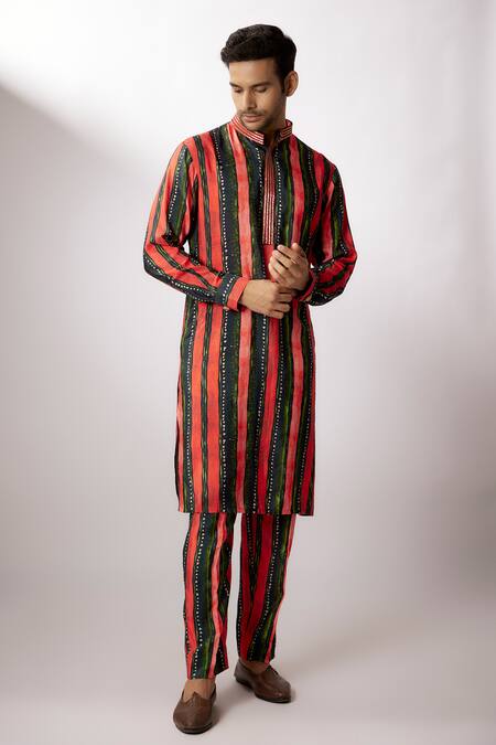 Buy Nadima Saqib Blue Silk Embroidery Stripe Print Kurta With Pant Online at Aza Fashions Buy_Nadima Saqib_Blue Silk Embroidery Stripe Print Kurta With Pant _Online_at_Aza_Fashions