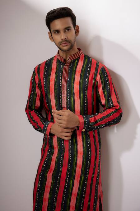 Nadima Saqib Blue Silk Embroidery Stripe Print Kurta With Pant at Aza Fashions Nadima Saqib_Blue Silk Embroidery Stripe Print Kurta With Pant _at_Aza_Fashions