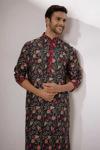 Nadima Saqib_Blue Silk Embroidery Floral Vine Print Kurta With Pant _Online_at_Aza_Fashions