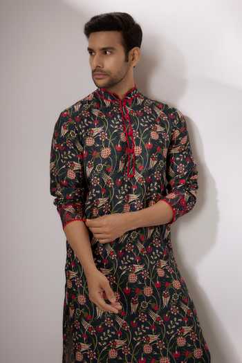 Shop_Nadima Saqib_Blue Silk Embroidery Floral Vine Print Kurta With Pant _Online_at_Aza_Fashions